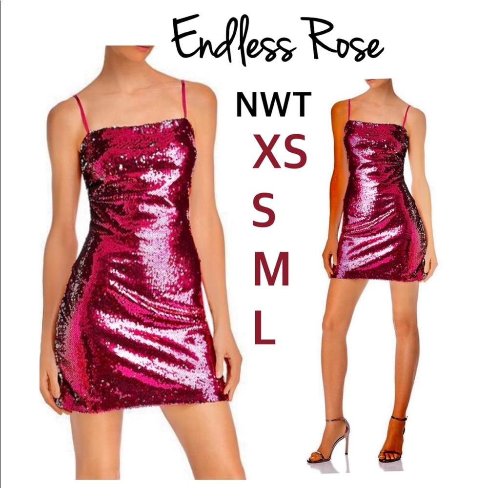 NWT raspberry fuscia sequined mini sheath spaghetti strap